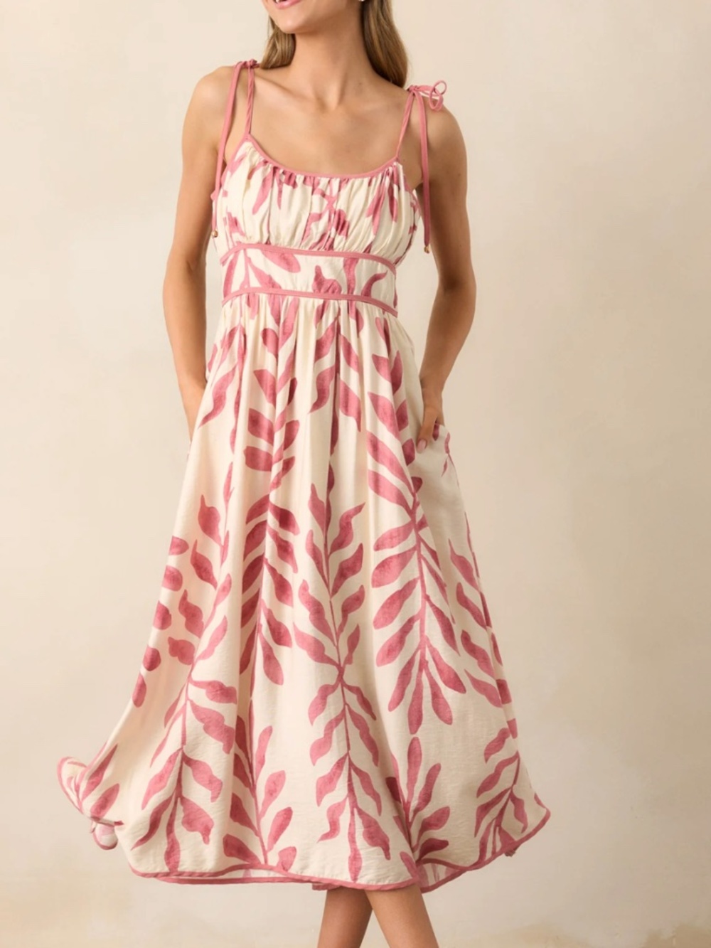 Red Dress Peaceful Palms Pink Tropical Print Midi Dress in Pink - Size S